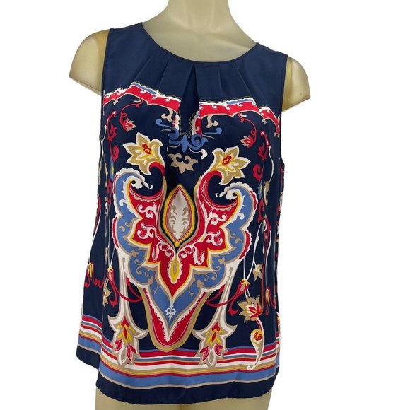 Talbots Tops - Talbots Blouse top navy blue silk Pattern Sleeveless size 8 women’s Career